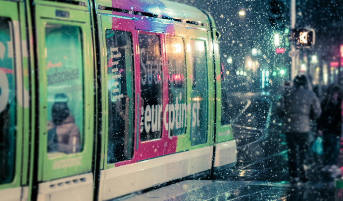 strasbourg tram in the rain