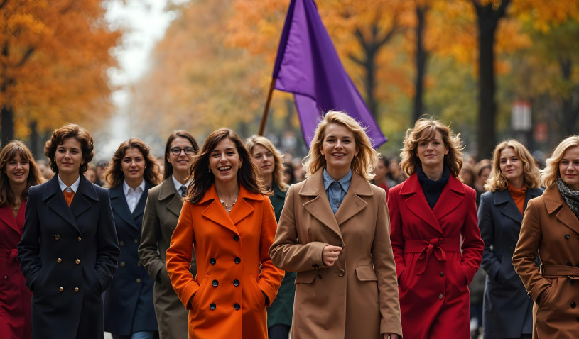 Femmes marchant avec un drapeau violet