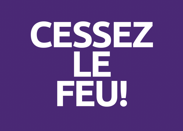 cessez-le-feu headline in capitals white on violet