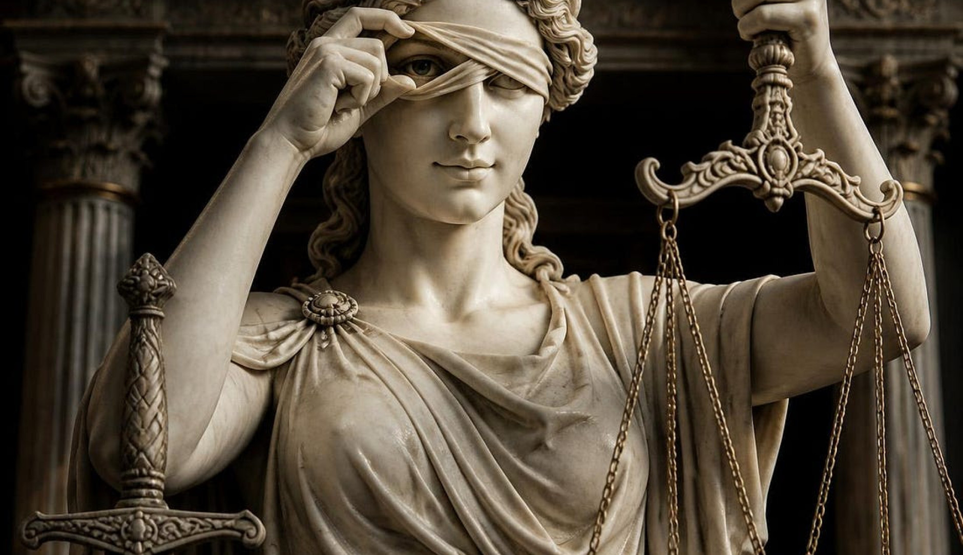 statue de la justice soulevant son bandeau sur l'oeil