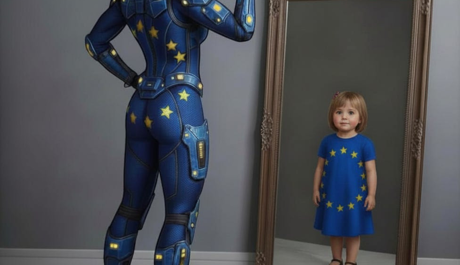 une femme europe puissante se voit dans un miroir comme une petite fille