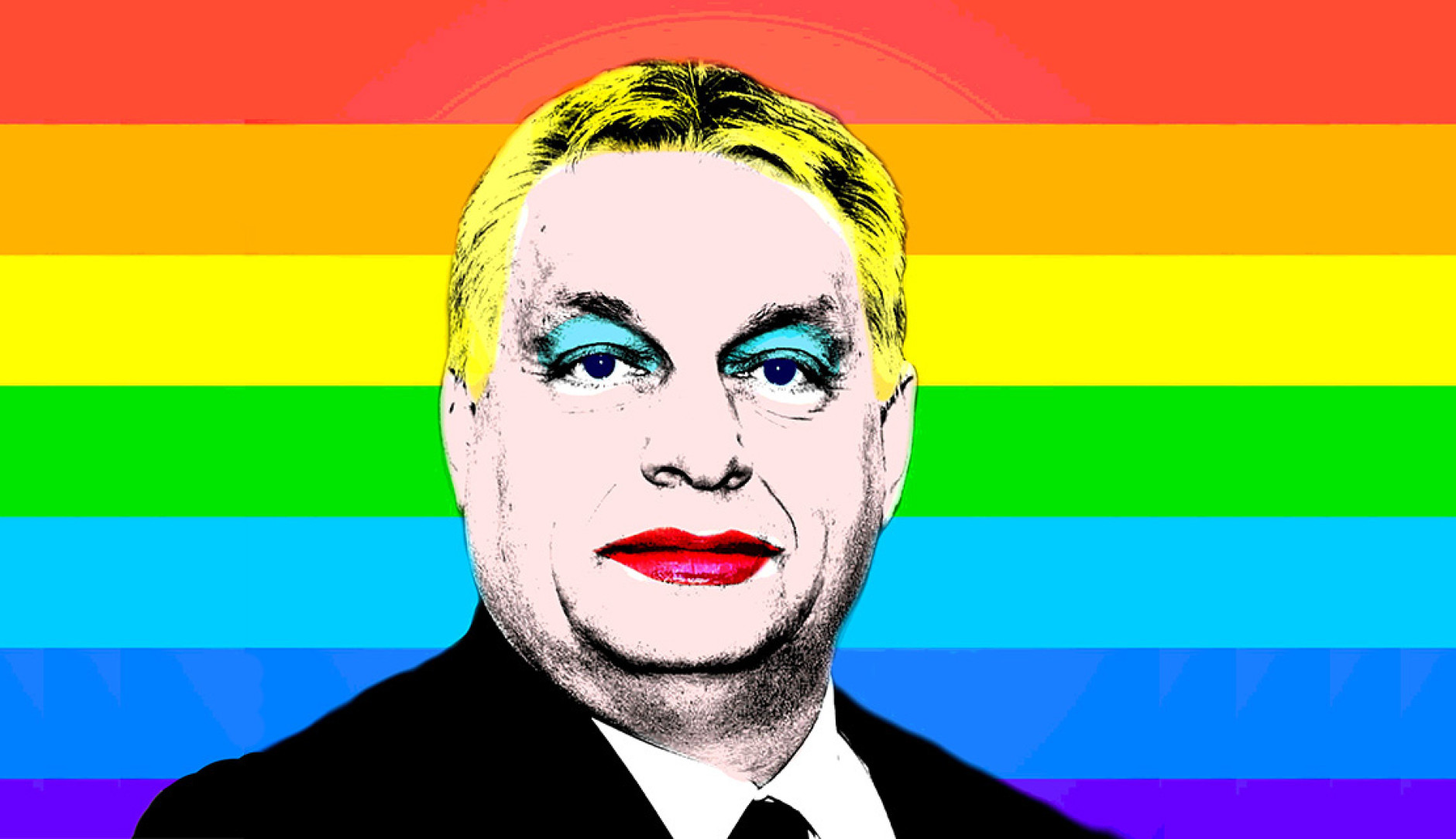 Victor Orban avec du rouge à lèvres devant un drapeau arc-en-ciel