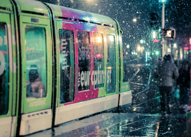 strasbourg tram in the rain