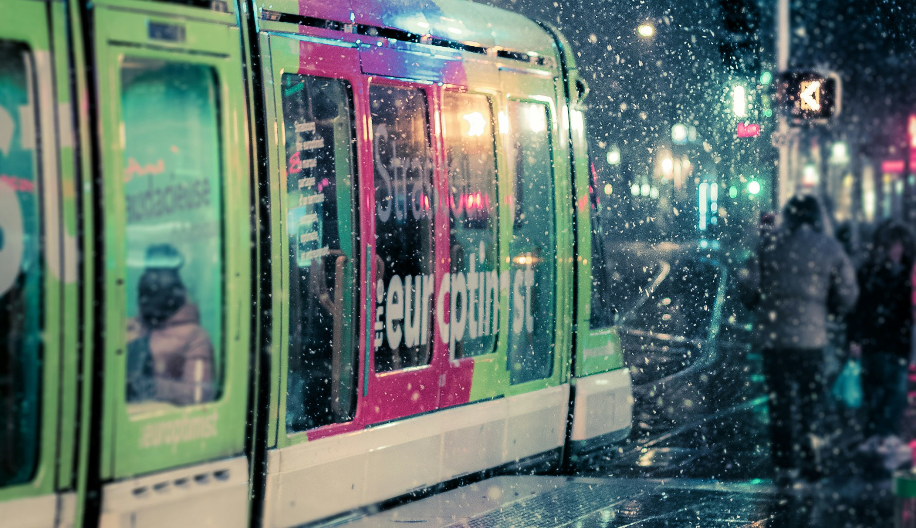 strasbourg tram in the rain