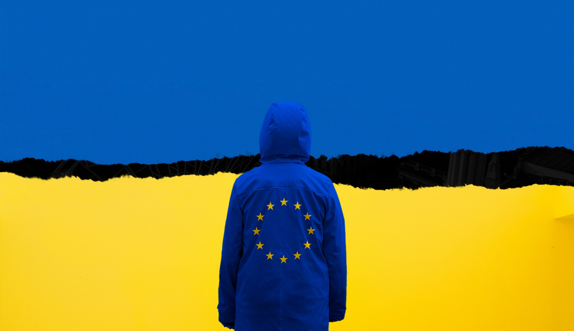 Personnage vêtu d'une anorak européen devant un drapeau ukrainien déchiré