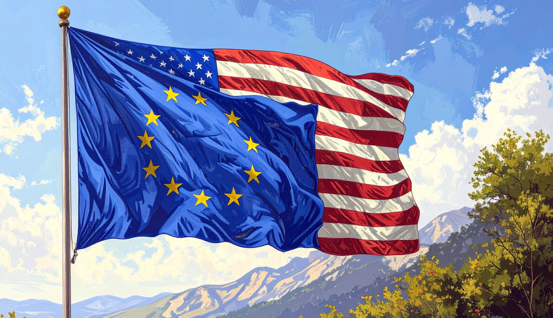 Un drapeau européen flottant devant un drapeau américain