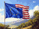 Un drapeau européen flottant devant un drapeau américain