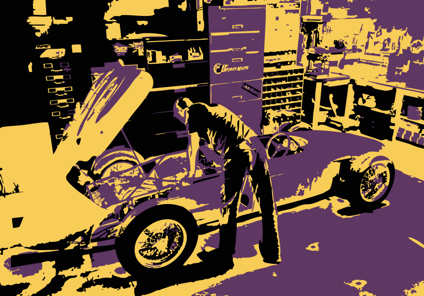 Illustration d'un homme qui se penche sur sa voiture de course dans son garage