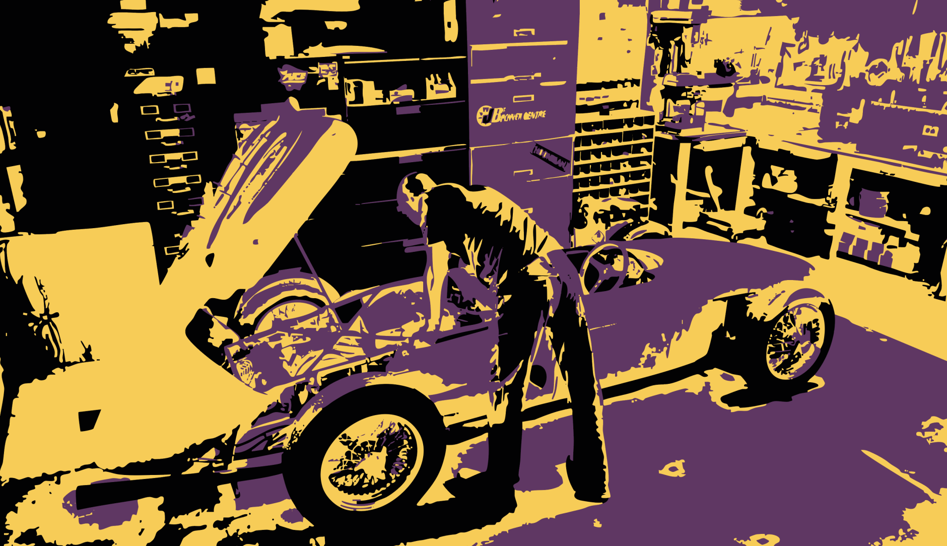 Illustration d'un homme qui se penche sur sa voiture de course dans son garage