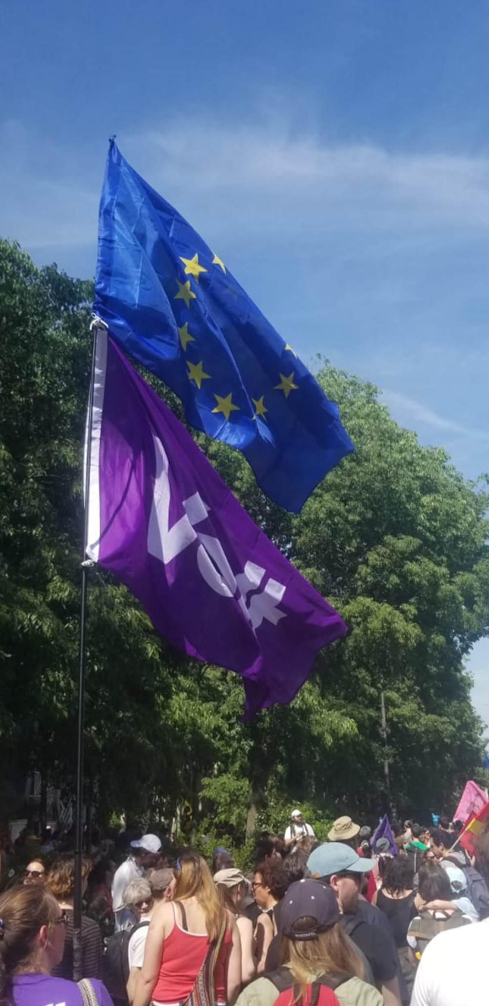 Drapeau de Volt et drapeau européen brandis par des activistes