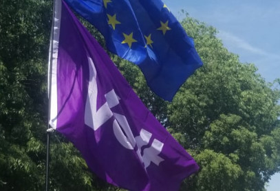 Drapeau de Volt et drapeau européen brandis par des activistes