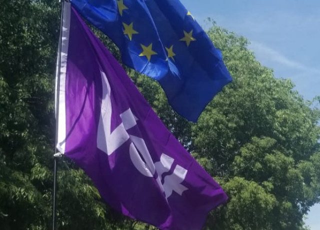 Drapeau de Volt et drapeau européen brandis par des activistes