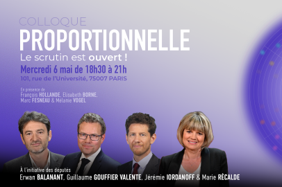 affiche bleue montrant 3 hommes et une femme