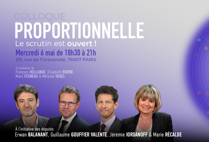 affiche bleue montrant 3 hommes et une femme