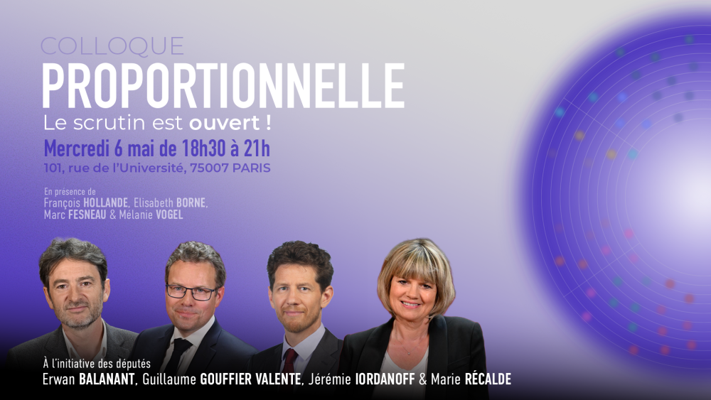 affiche bleue montrant 3 hommes et une femme