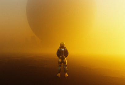 Astronaut contemplating a yellow planet