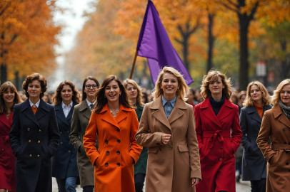 Femmes marchant avec un drapeau violet