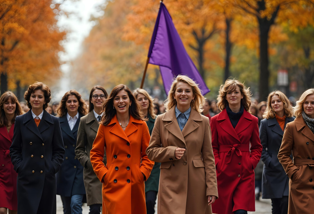 Femmes marchant avec un drapeau violet