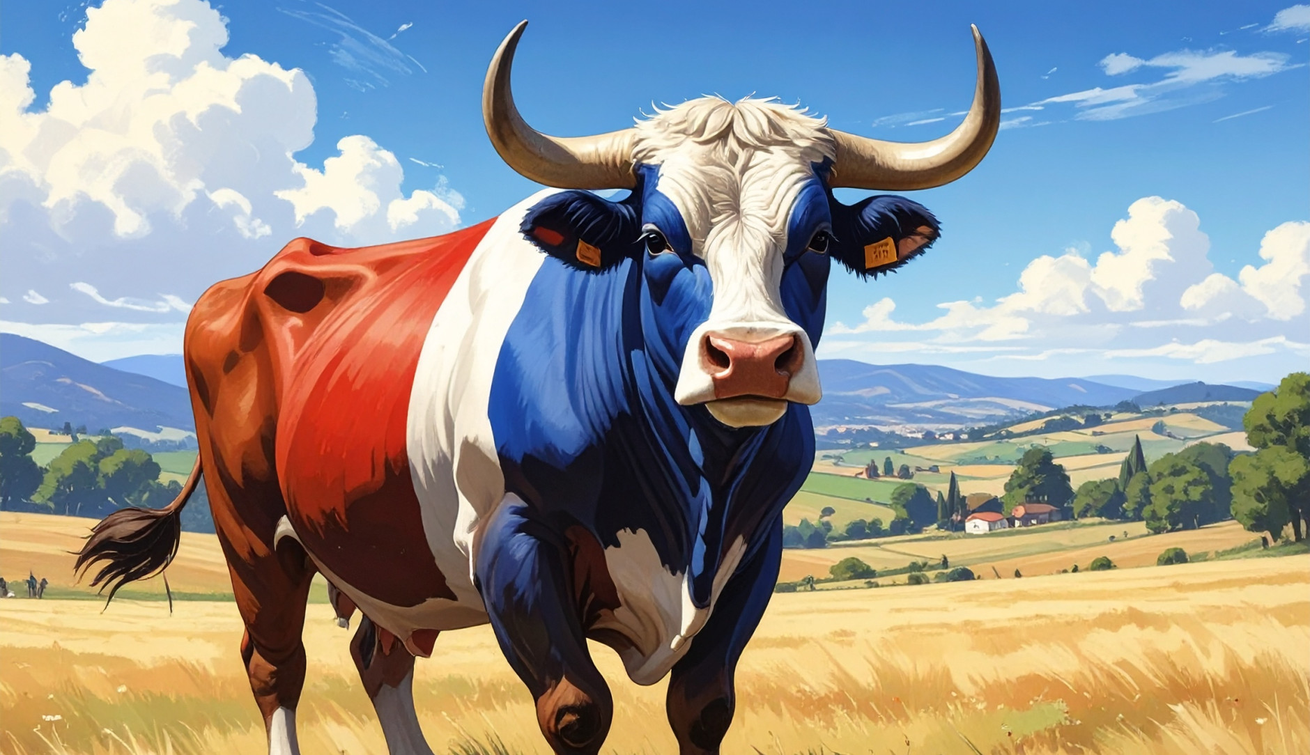 Un taureau menaçant de couleur bleu, blanc et rouge