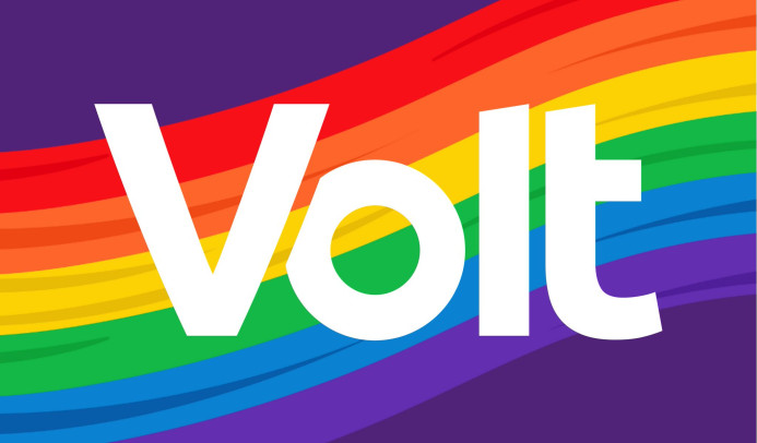 Volt logo in white with rainbow background