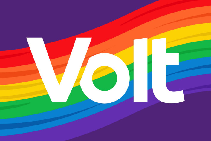 Volt logo in white with rainbow background